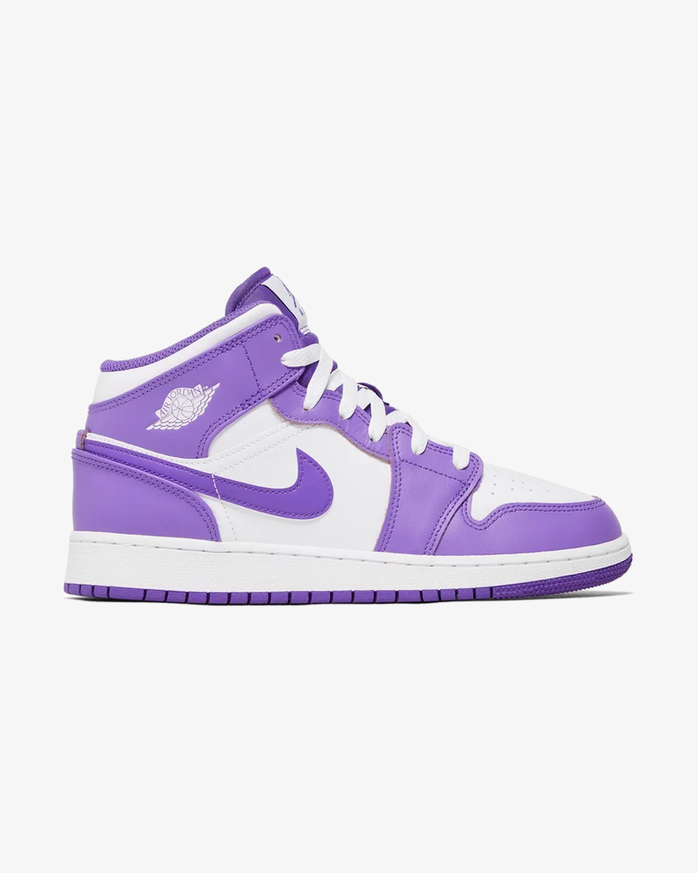 Air Jordan 1 Mid GS Purple Venom White sneaker, front view showing white and purple leather upper