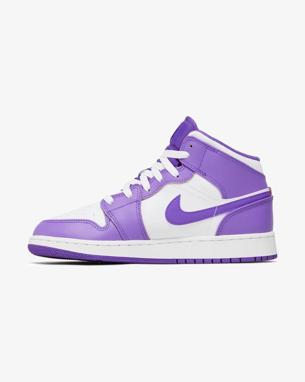 Air Jordan 1 Mid GS Purple Venom White sneaker, side profile view