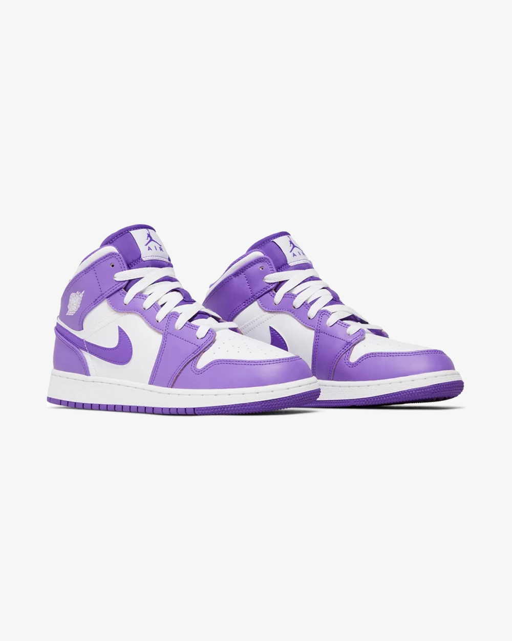 Air Jordan 1 Mid GS Purple Venom White sneaker, angled sole view
