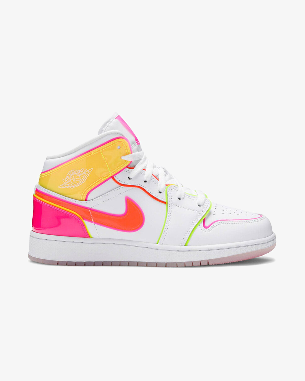 Air Jordan 1 Mid GS Edge Glow sneaker, front view showing pink and white colorway