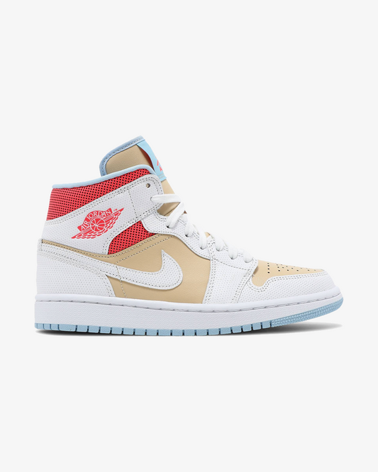 Air Jordan 1 Mid SE Wmns Sesame sneaker, front view showing beige and white leather upper