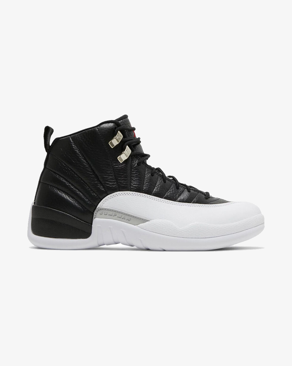 Air Jordan 12 Retro Playoffs sneaker, front view showing black and white leather upper