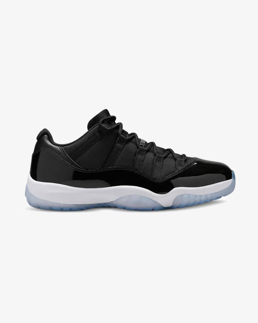 Air Jordan 11 Retro Low Space Jam 2024 sneaker, front view showing black and blue ballistic mesh upper