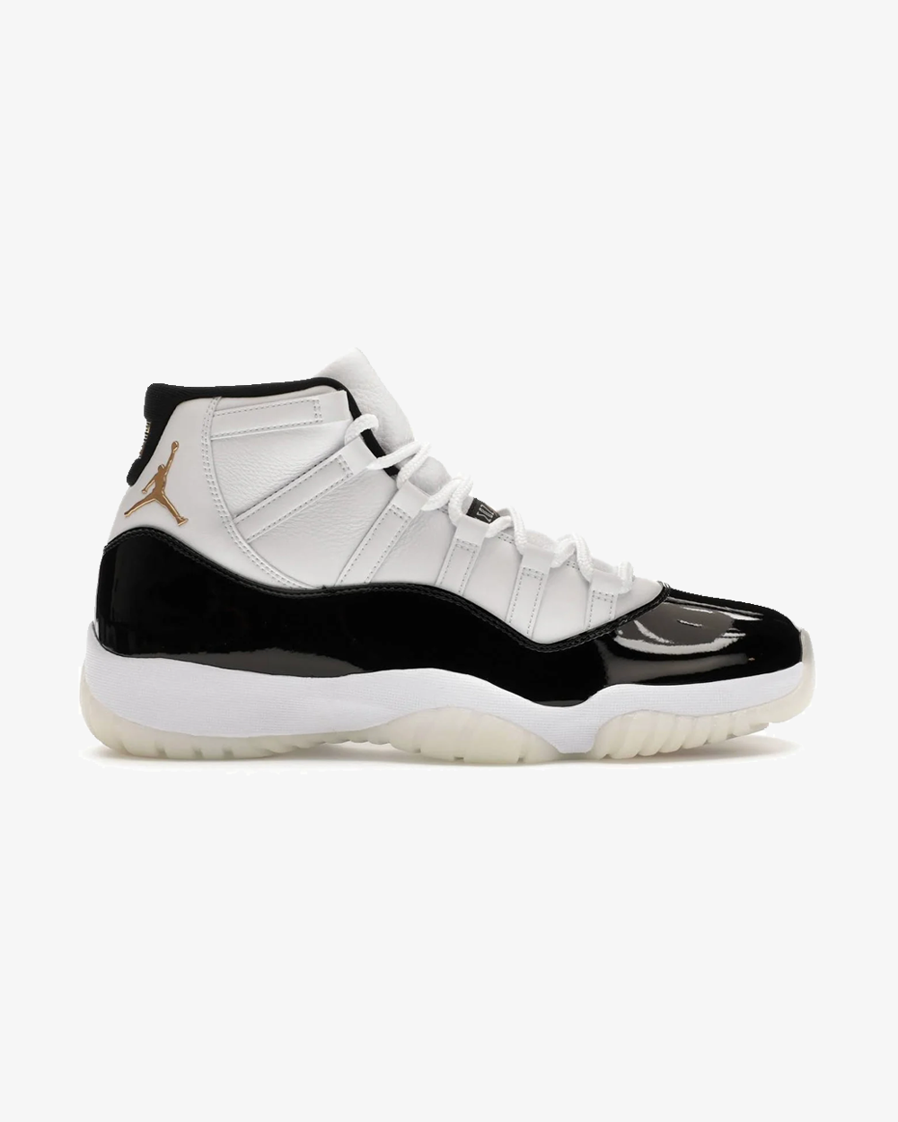Air Jordan 11 Retro DMP Gratitude 2023 sneaker, front view showing white and grey patent leather upper