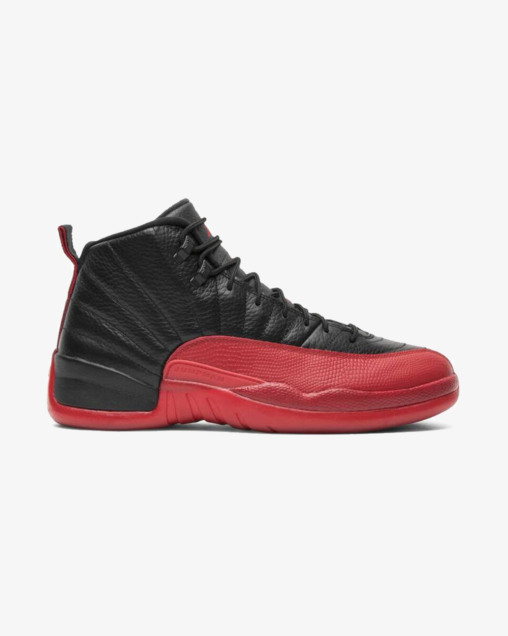 Air Jordan 12 Retro Flu Game 2016 sneaker, front view showing black and red leather upper
