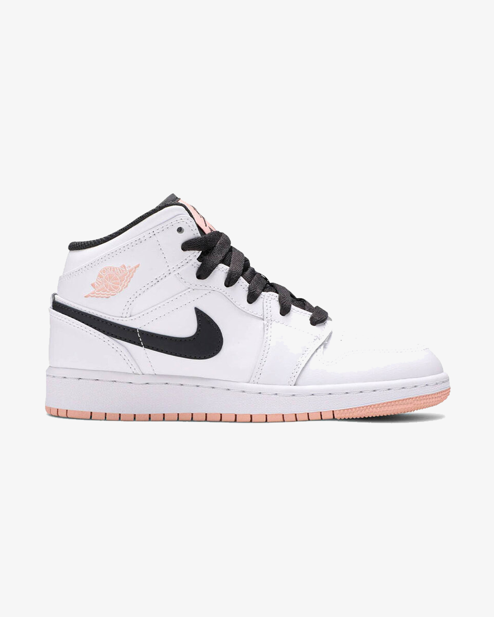 Air Jordan 1 Mid Arctic Orange GS sneaker, front view showing white and pink colorway