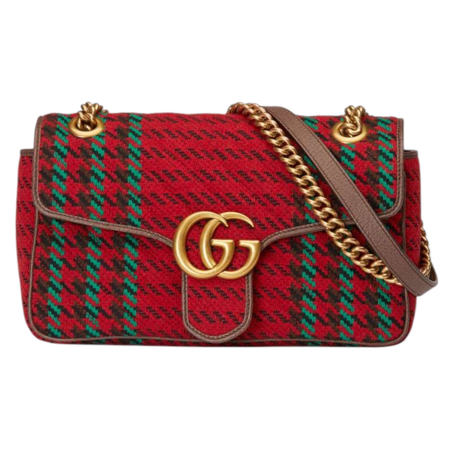 Gucci GG Marmont Matelasse Shoulder Bag Houndstooth Red and Green wool