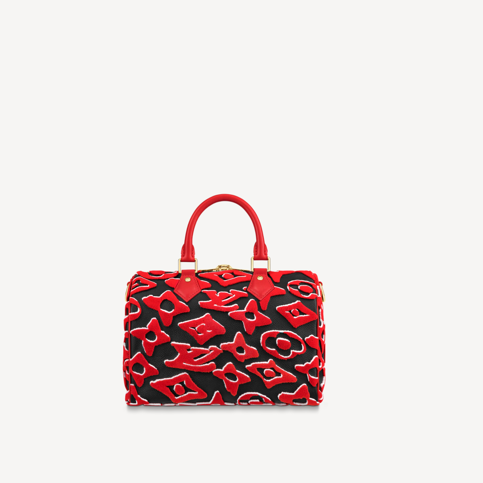 Black handbag with red pattern on a white background