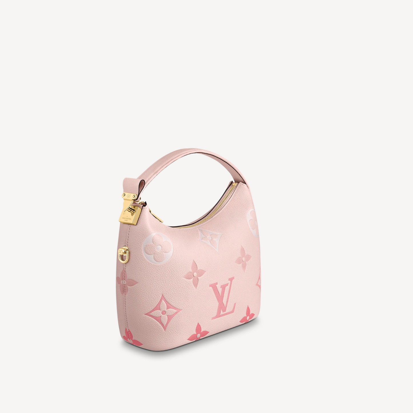 Pink handbag with gold accents on a white background