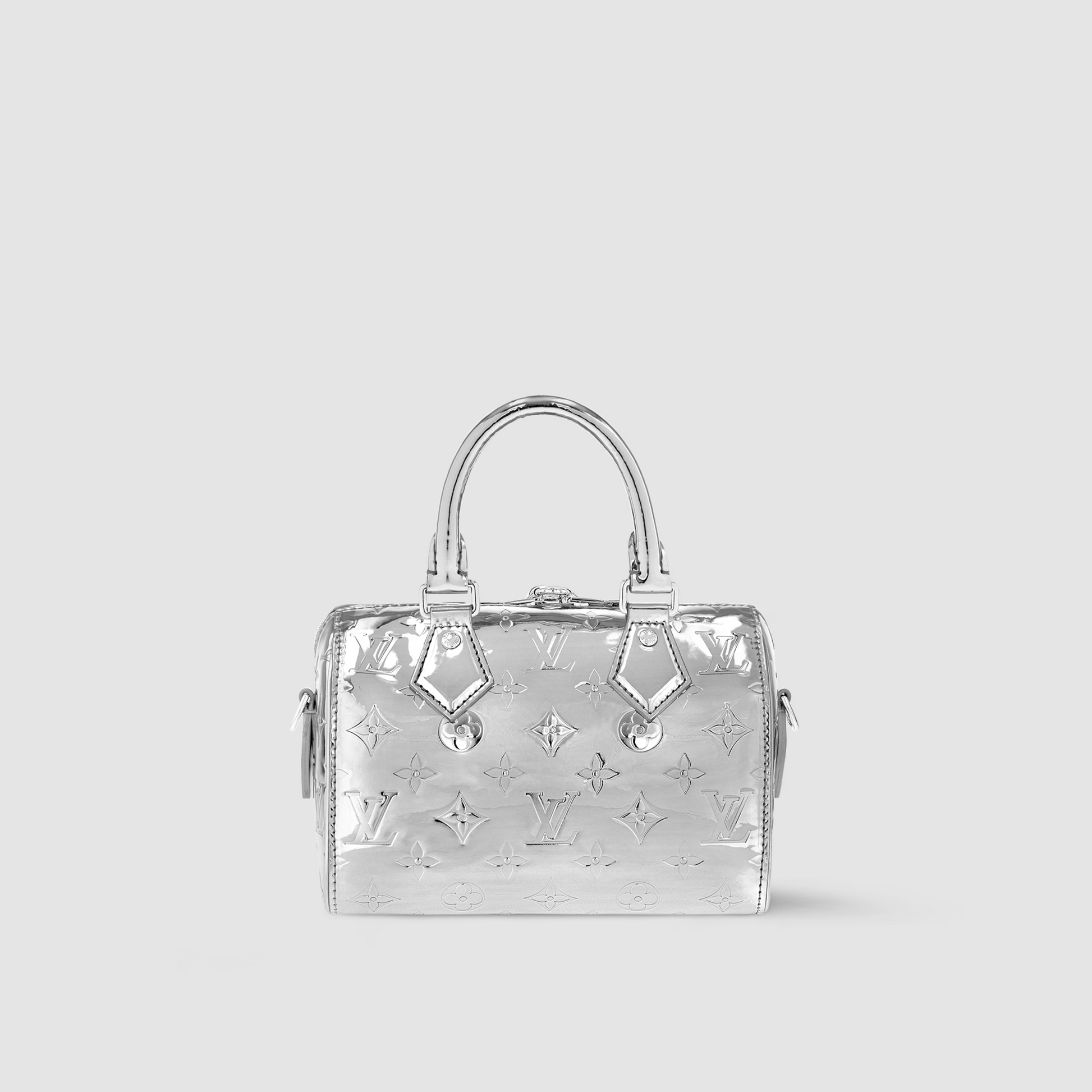 Silver handbag with brand logo on a light gray background