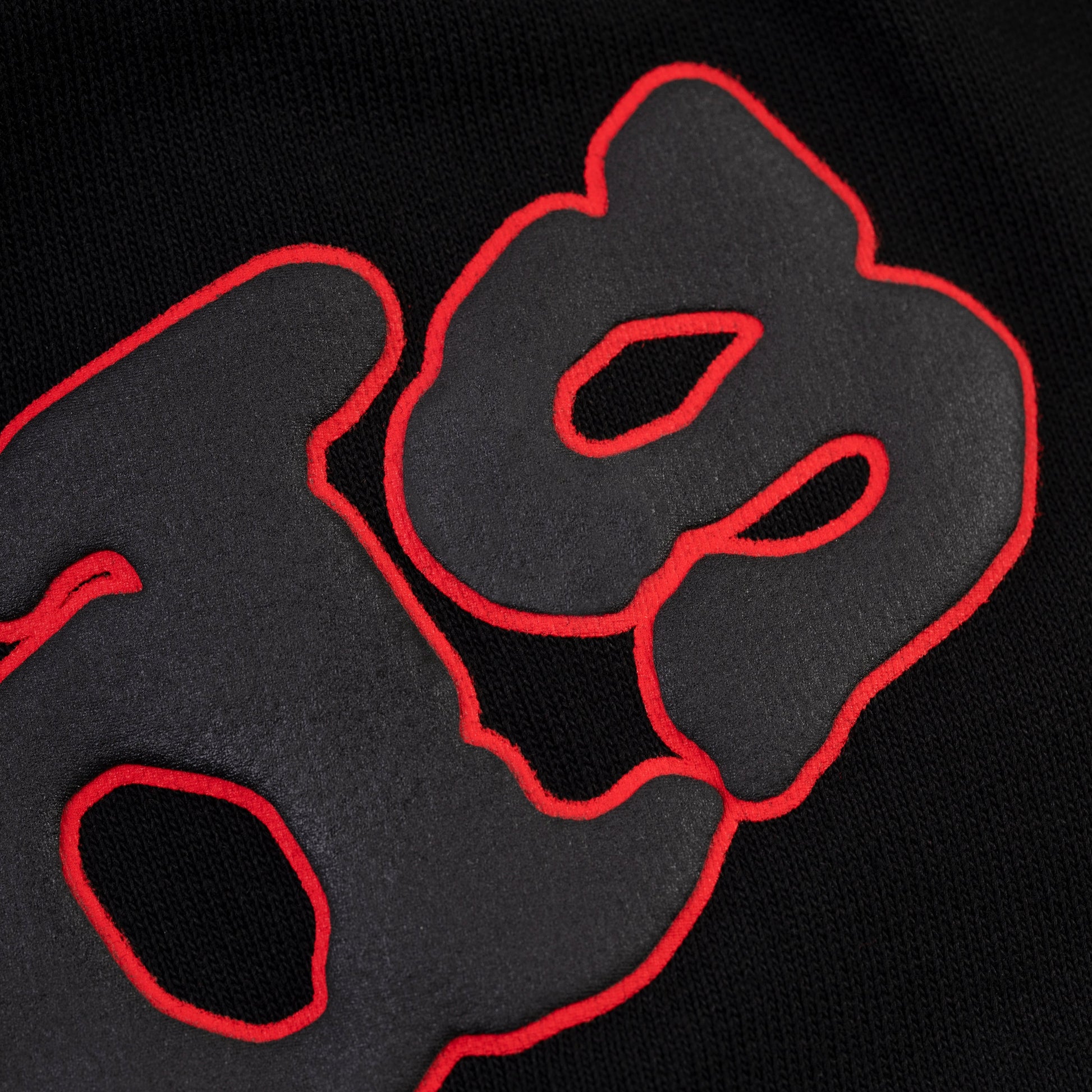 Detail view of contrast print outlining on SP5DER sweatshort in Black