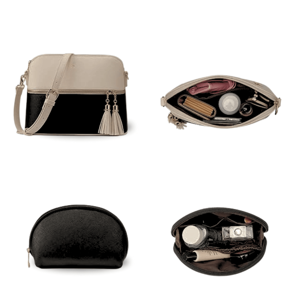 Bag It Grace Two-Tone Handbag - Beige and Black Vegan Leather
