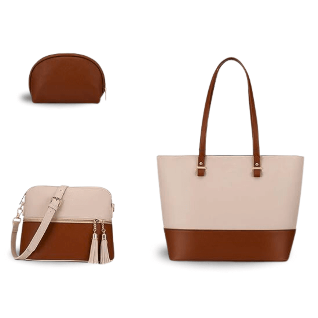 Bag It Grace Two-Tone Handbag - Beige and Brown Vegan Leather