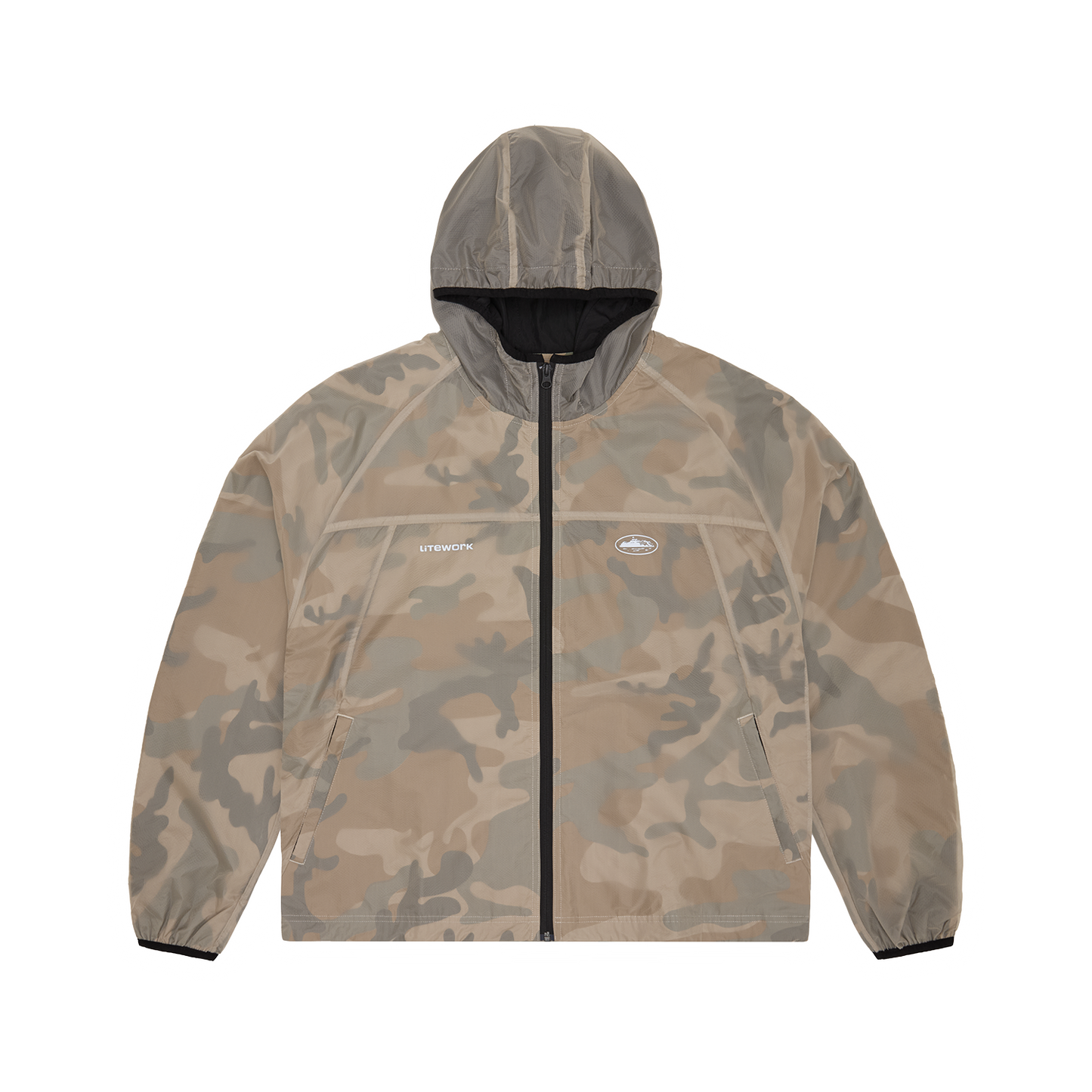 Corteiz Brown Nylon Dual-Layer Litework Jacket, Desert Camo, front view showing translucent top layer