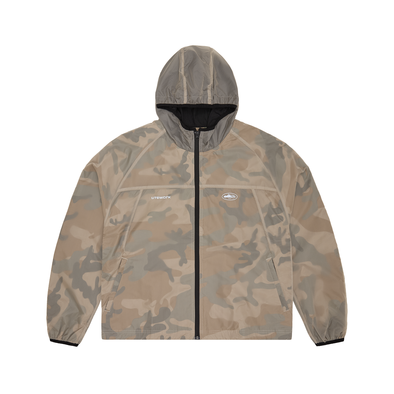 Corteiz Brown Nylon Dual-Layer Litework Jacket, Desert Camo, front view showing translucent top layer