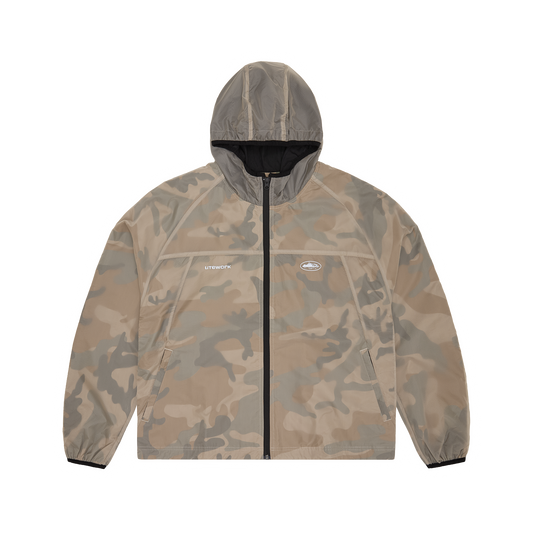 Corteiz Brown Nylon Dual-Layer Litework Jacket, Desert Camo, front view showing translucent top layer