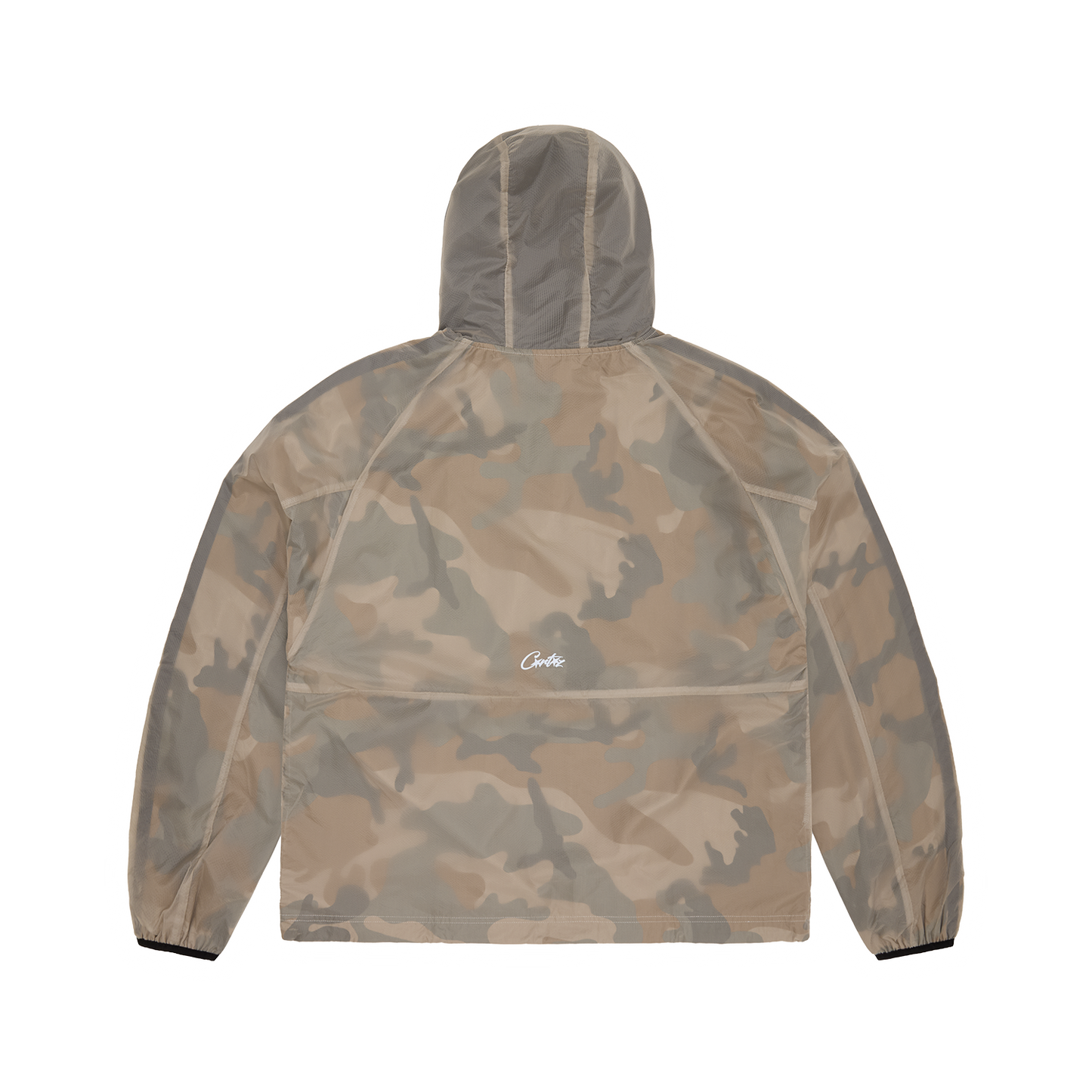 Corteiz Brown Nylon Dual-Layer Litework Jacket, Desert Camo, back view showing reflective branding