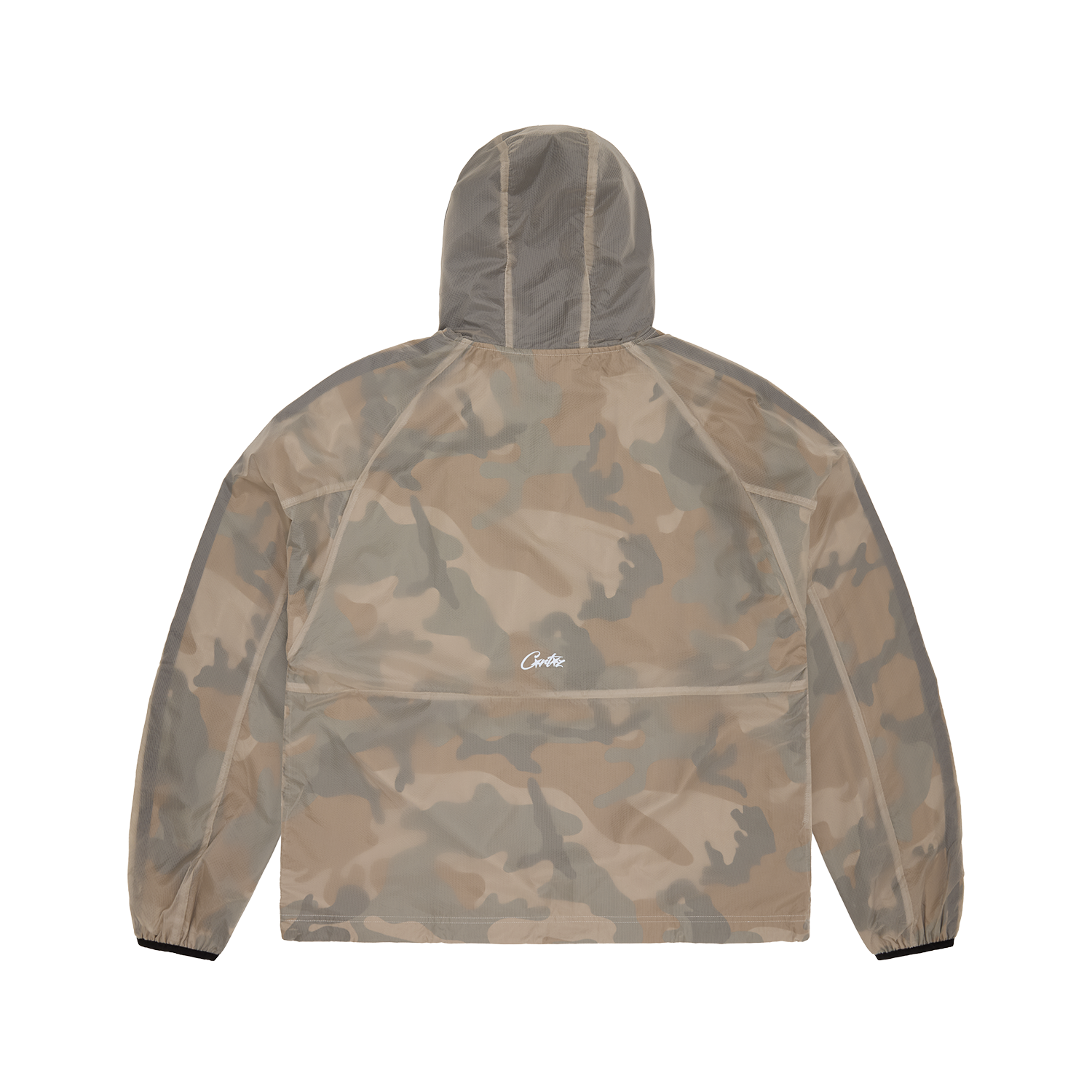 Corteiz Brown Nylon Dual-Layer Litework Jacket, Desert Camo, back view showing reflective branding