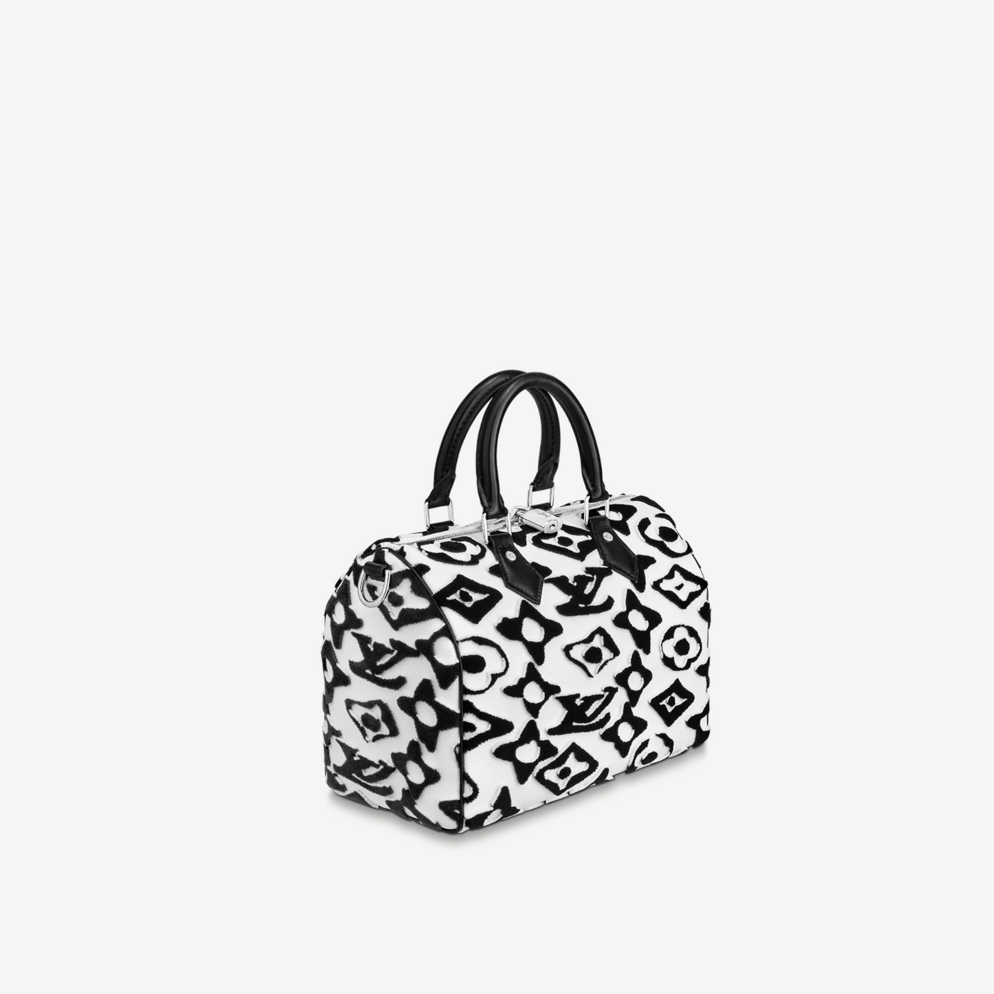 Black and white patterned handbag on a light gray background