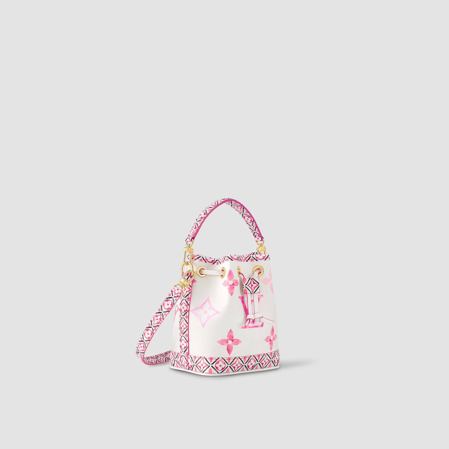 Small handbag with pink floral pattern on a light gray background