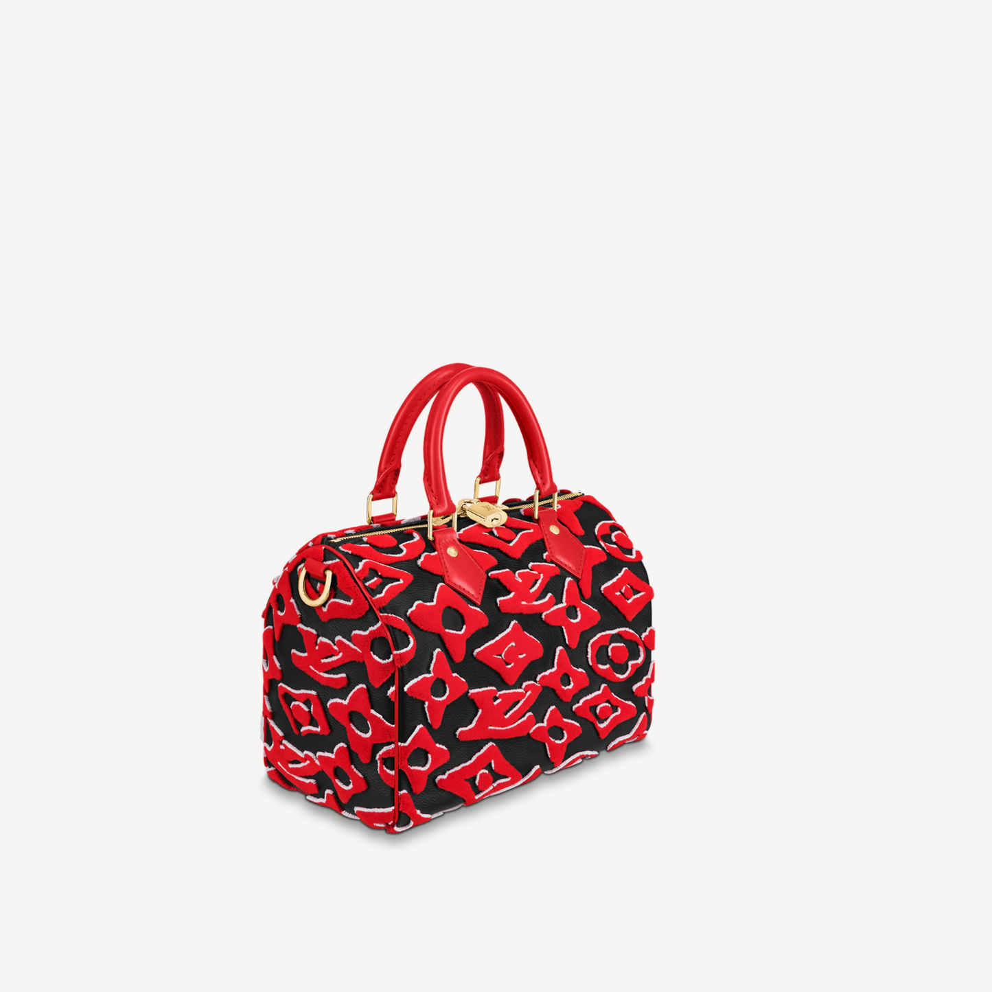 Red and black patterned handbag on a white background