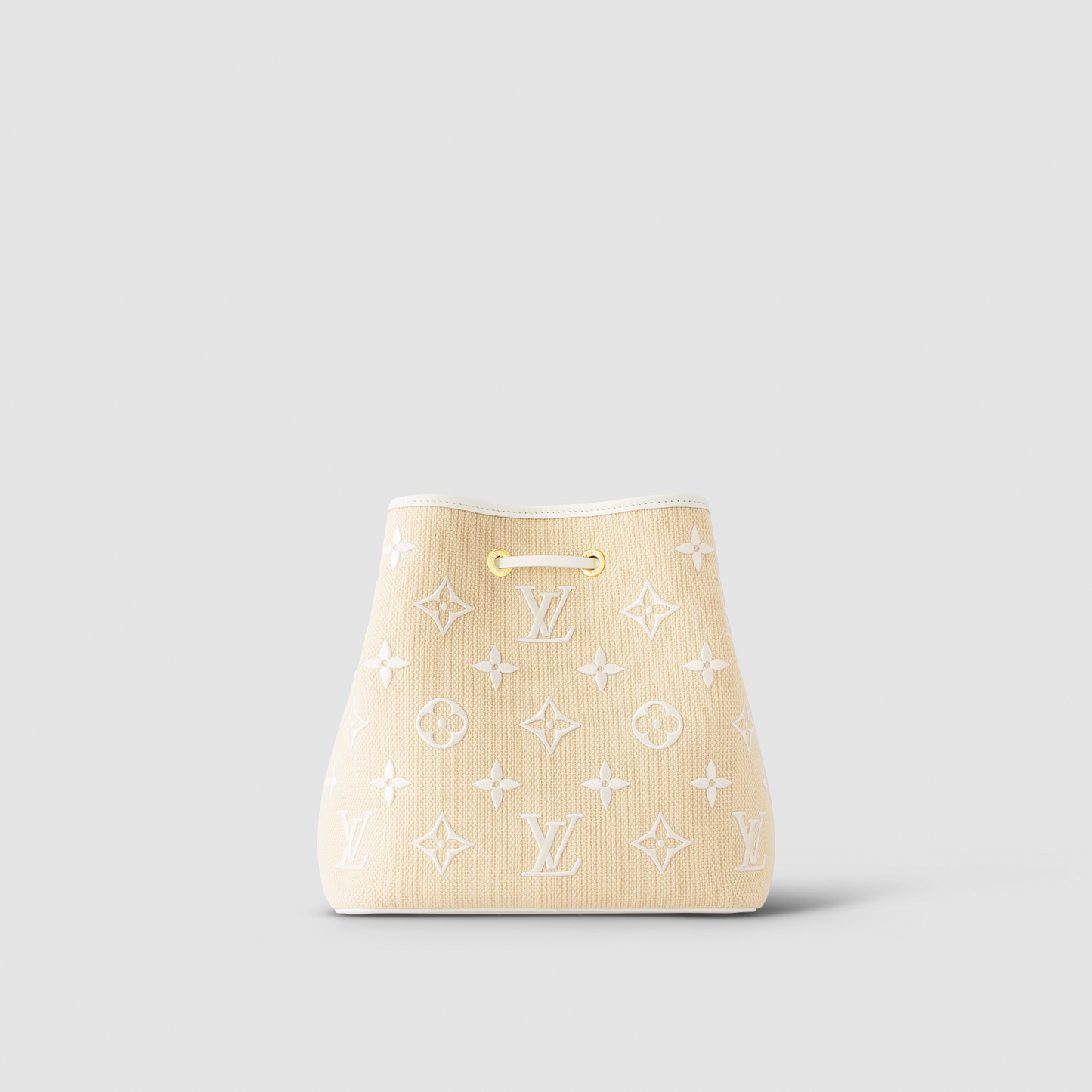 Beige handbag with brand logo on a light gray background