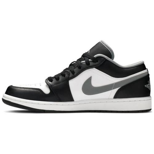 Air Jordan 1 Low Black Medium Grey sneaker, front view showing black and grey leather upper