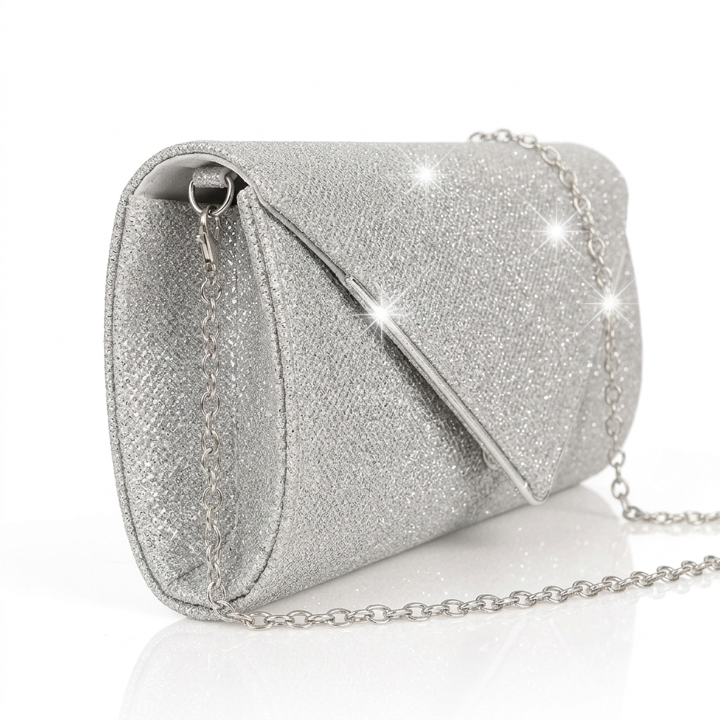 Bag It Women Silver Sparkling Glitter Envelope Evening Clutch