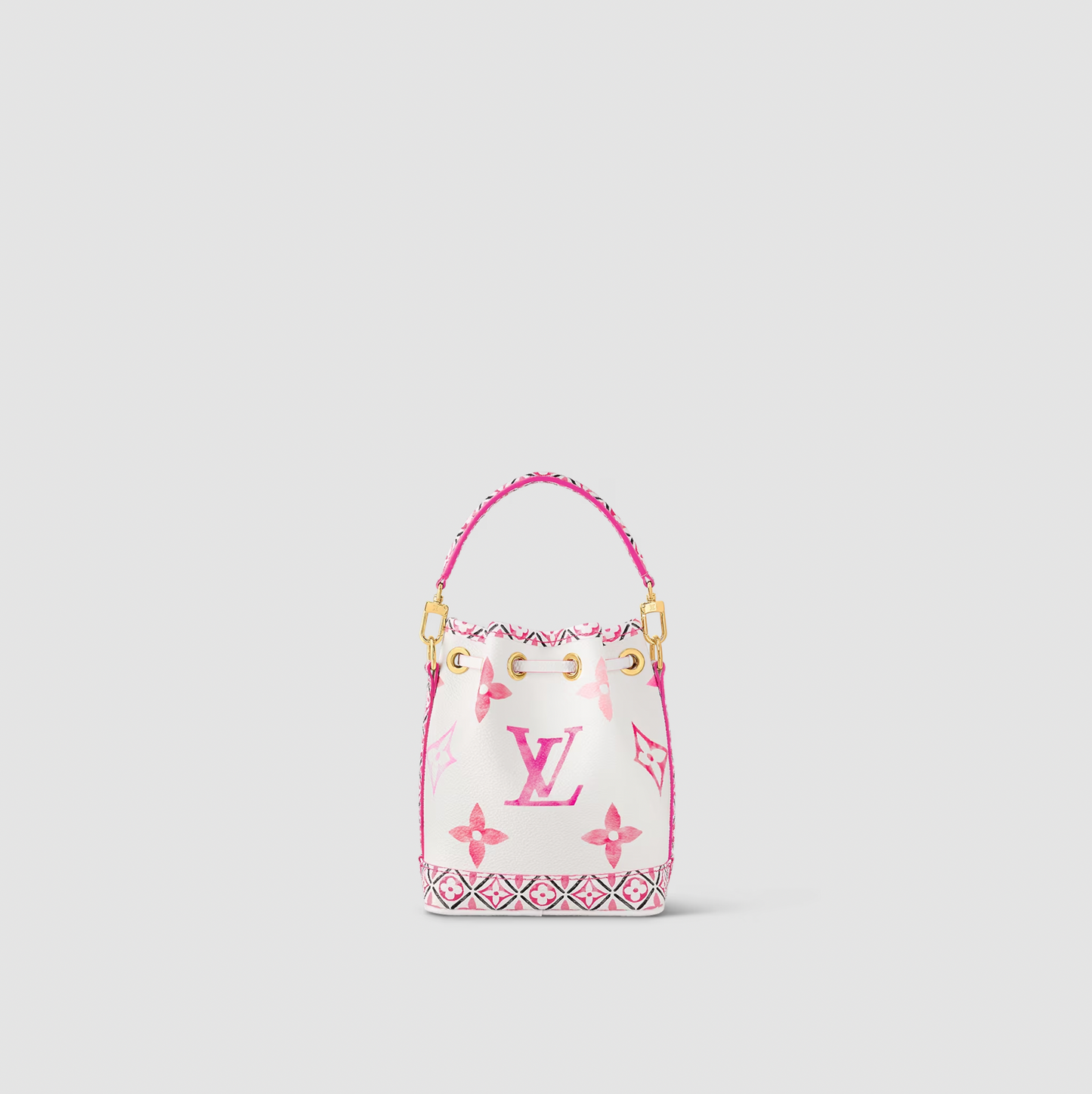 Designer handbag with pink and white pattern on a light gray background