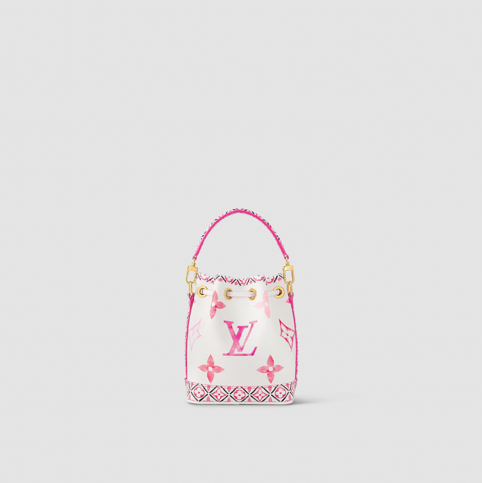 Designer handbag with pink and white pattern on a light gray background