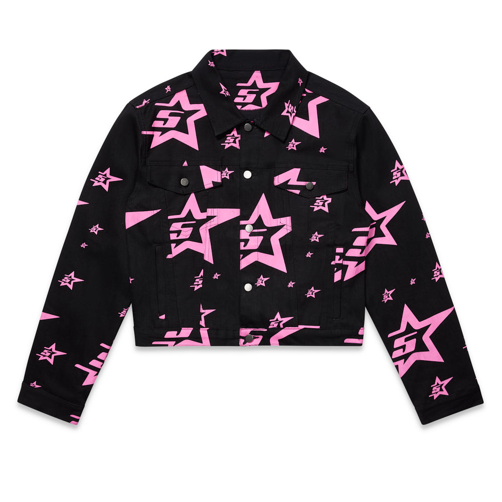 Front view of SP5DER 5Star Trucker Jacket in Pink Denim