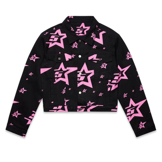 Front view of SP5DER 5Star Trucker Jacket in Pink Denim