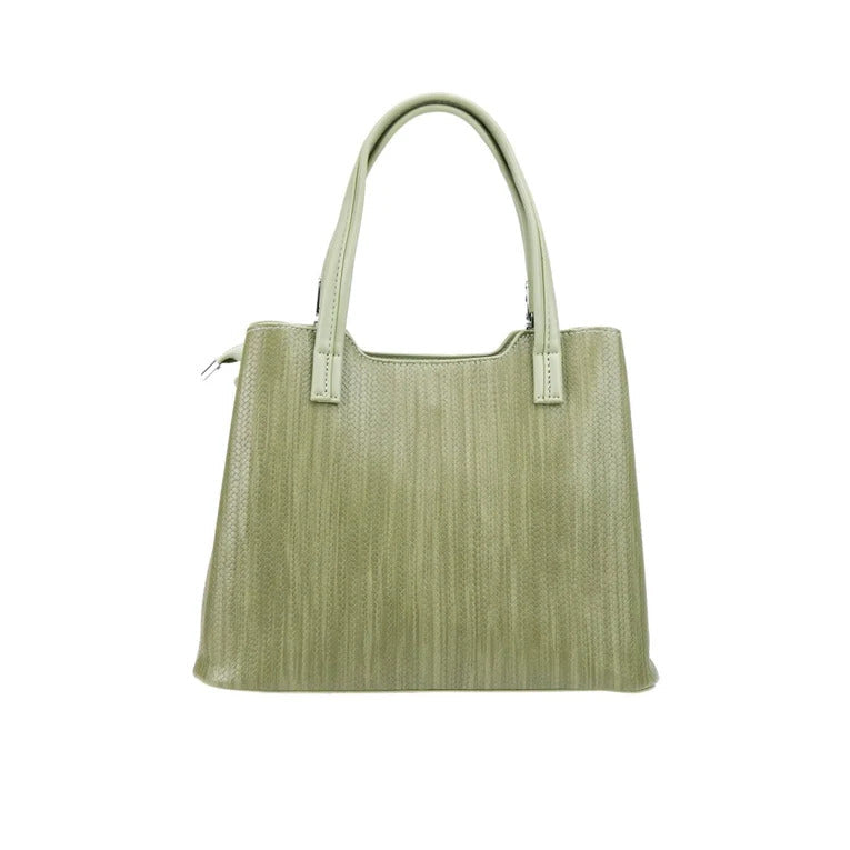 Green woven handbag on a white background
