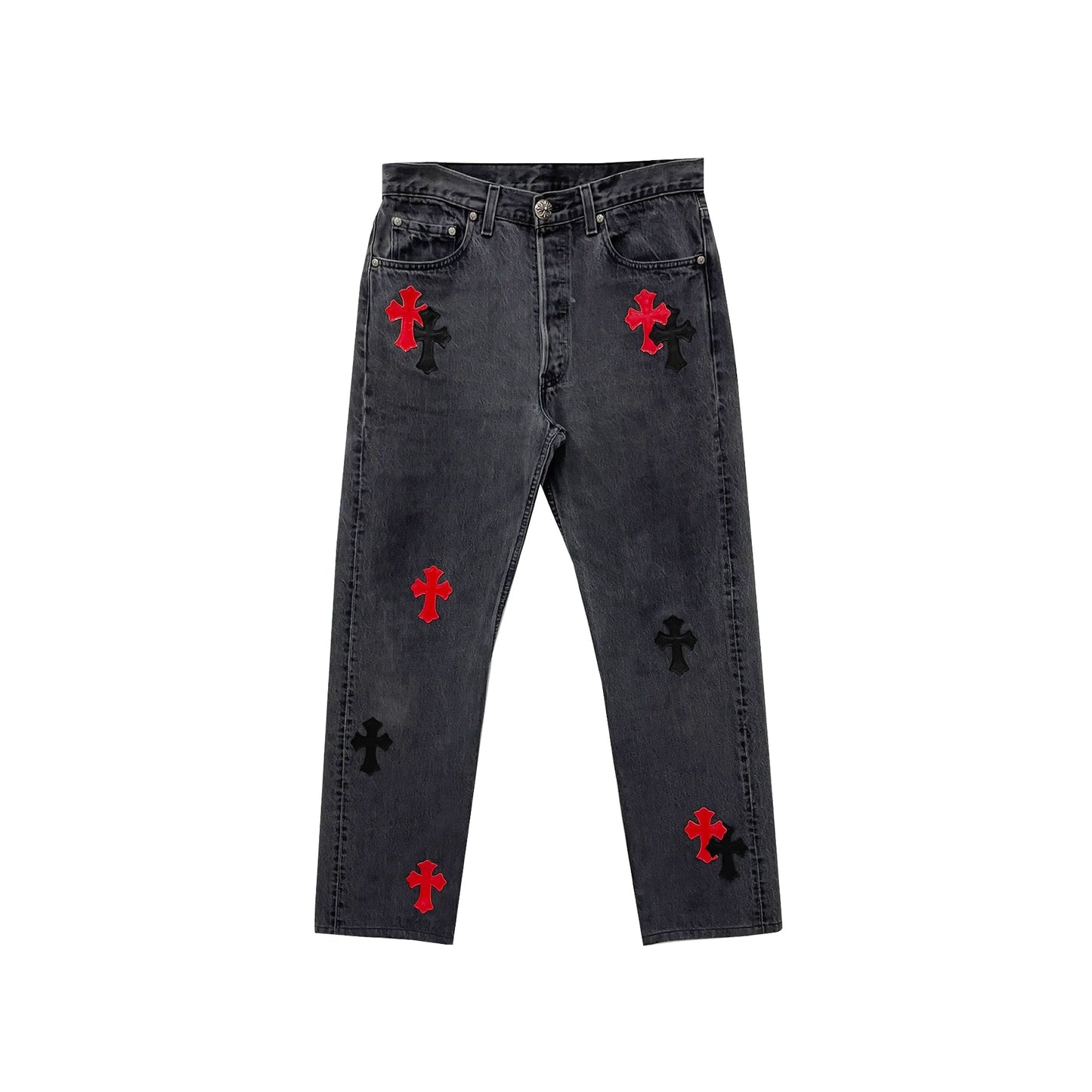 Chrome Hearts Levi's 501 Grey Denim Jeans, black and red cross patch detailing on grey wash