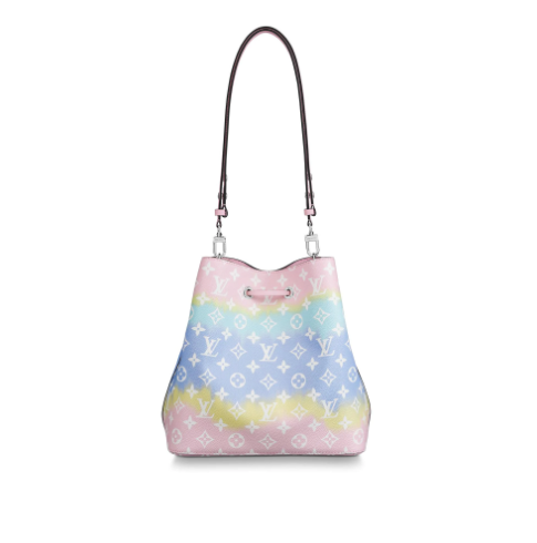 Multicolored handbag with a monogram pattern on a white background