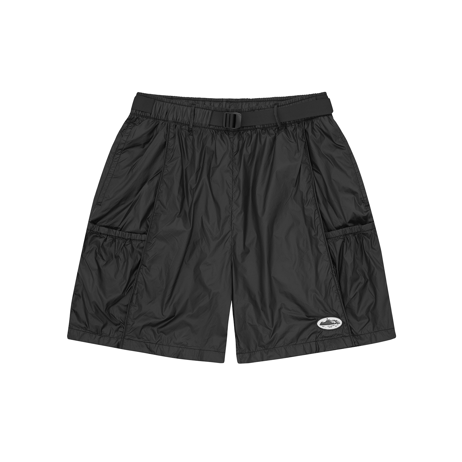 Corteiz Black Nylon Cargo Shorts, front view showing nylon outer shell and adjustable belt