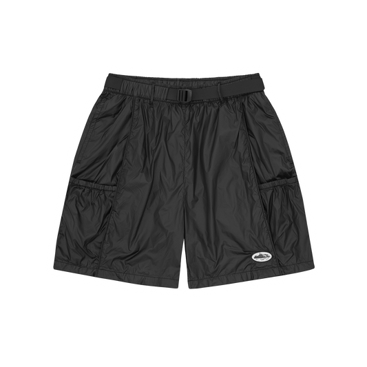 Corteiz Black Nylon Cargo Shorts, front view showing nylon outer shell and adjustable belt