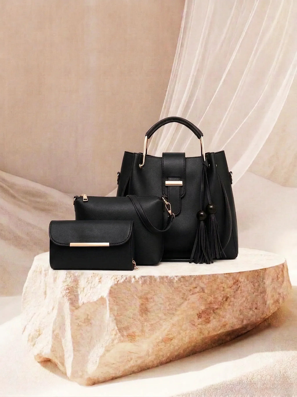 Bag It Alexa 3-Piece Vegan Leather Handbag Set - Black