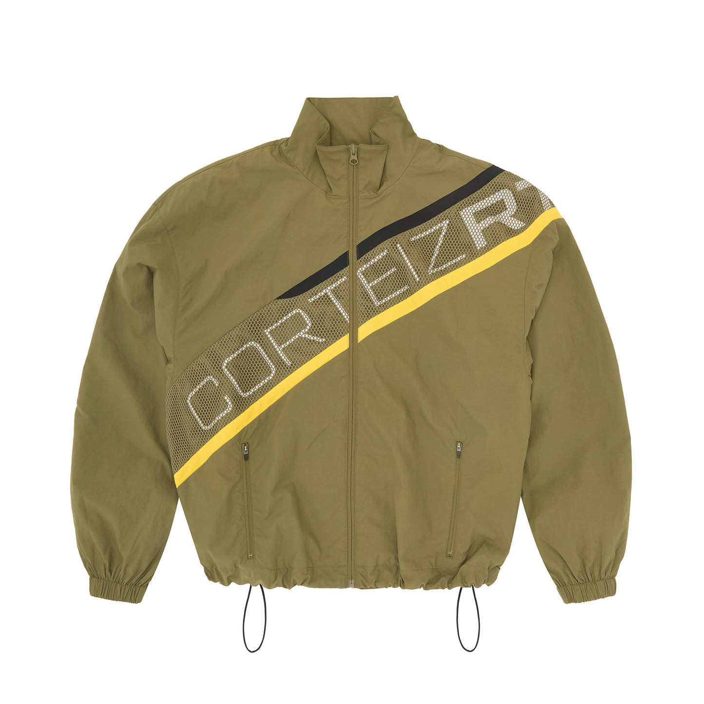 Corteiz Green Nylon Bias Panel Shuku Jacket, Olive, front view showing bias panel design