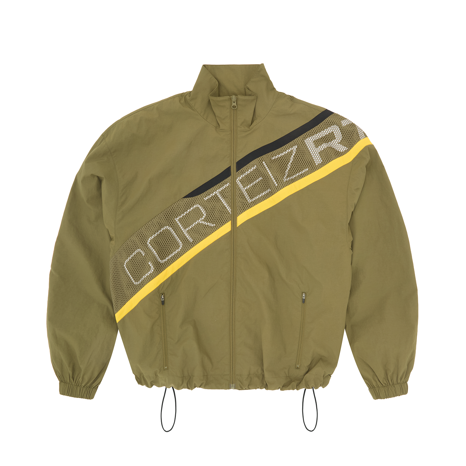Corteiz Green Nylon Bias Panel Shuku Jacket, Olive, front view showing bias panel design