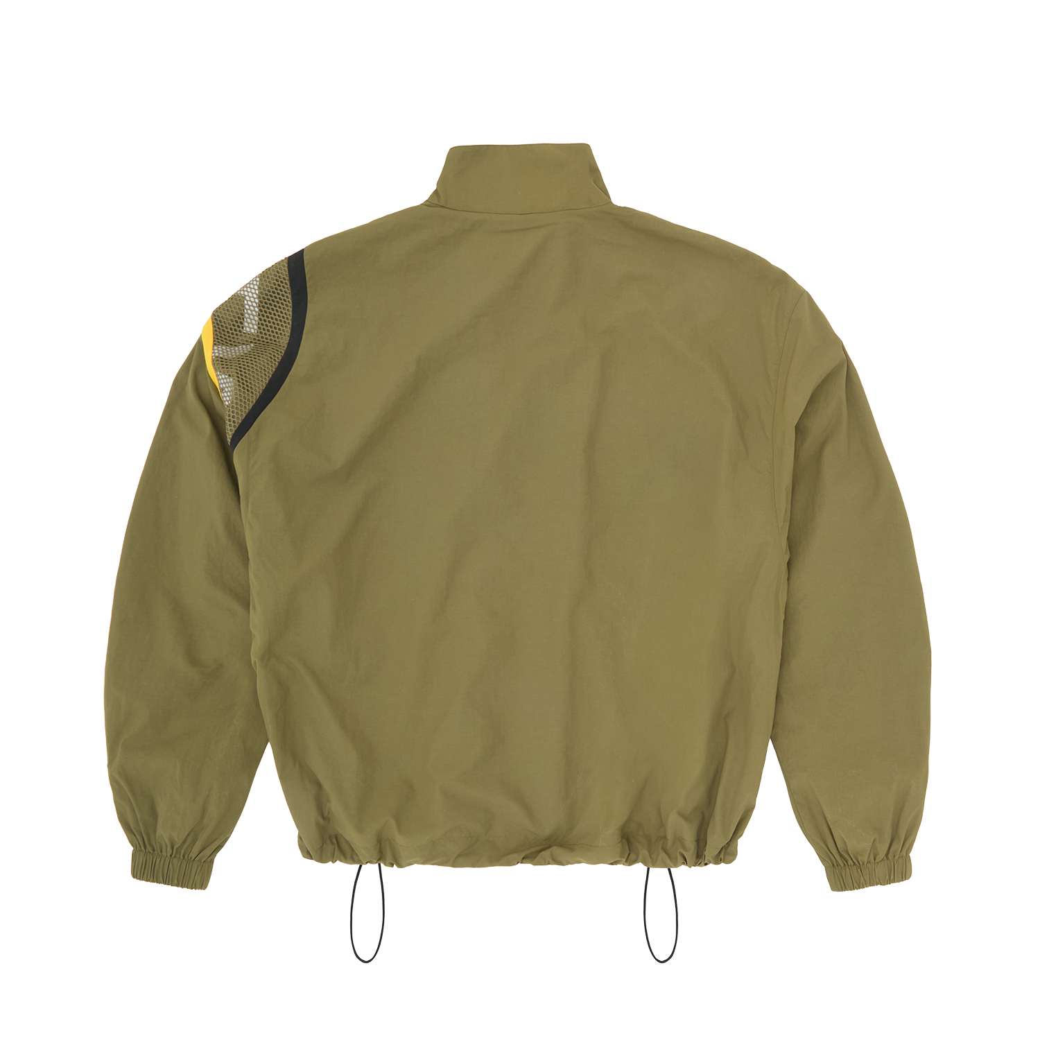 Corteiz Green Nylon Bias Panel Shuku Jacket, Olive, back view showing mesh panel with reflective branding