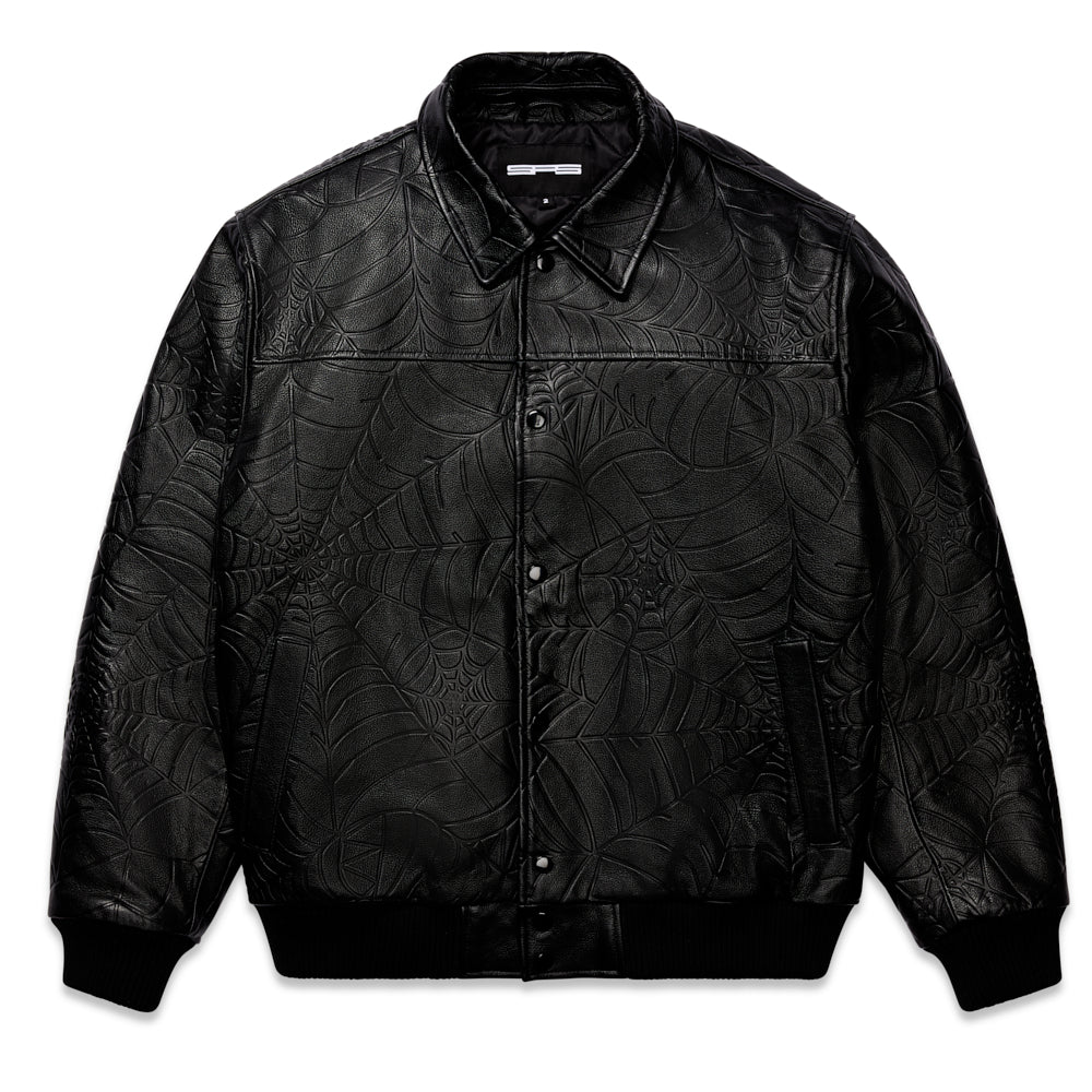 Front view of SP5DER Debossed Web Leather Jacket in Black