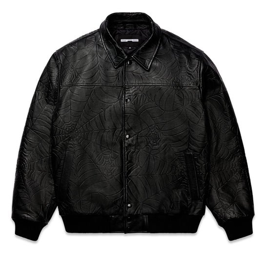Front view of SP5DER Debossed Web Leather Jacket in Black