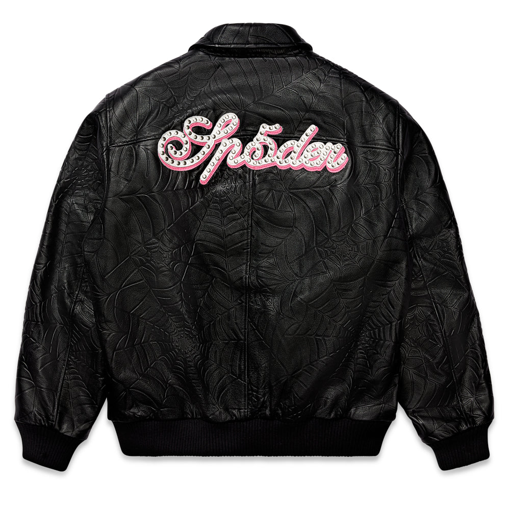 Back view of SP5DER Debossed Web Leather Jacket in Black (Classic)