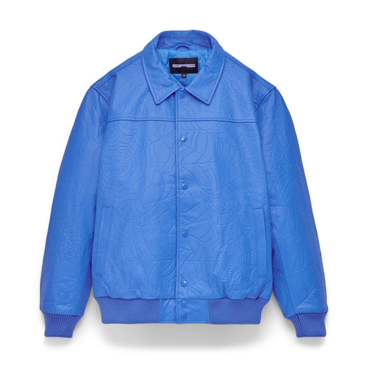 Front view of SP5DER Debossed Web Leather Jacket in Blue