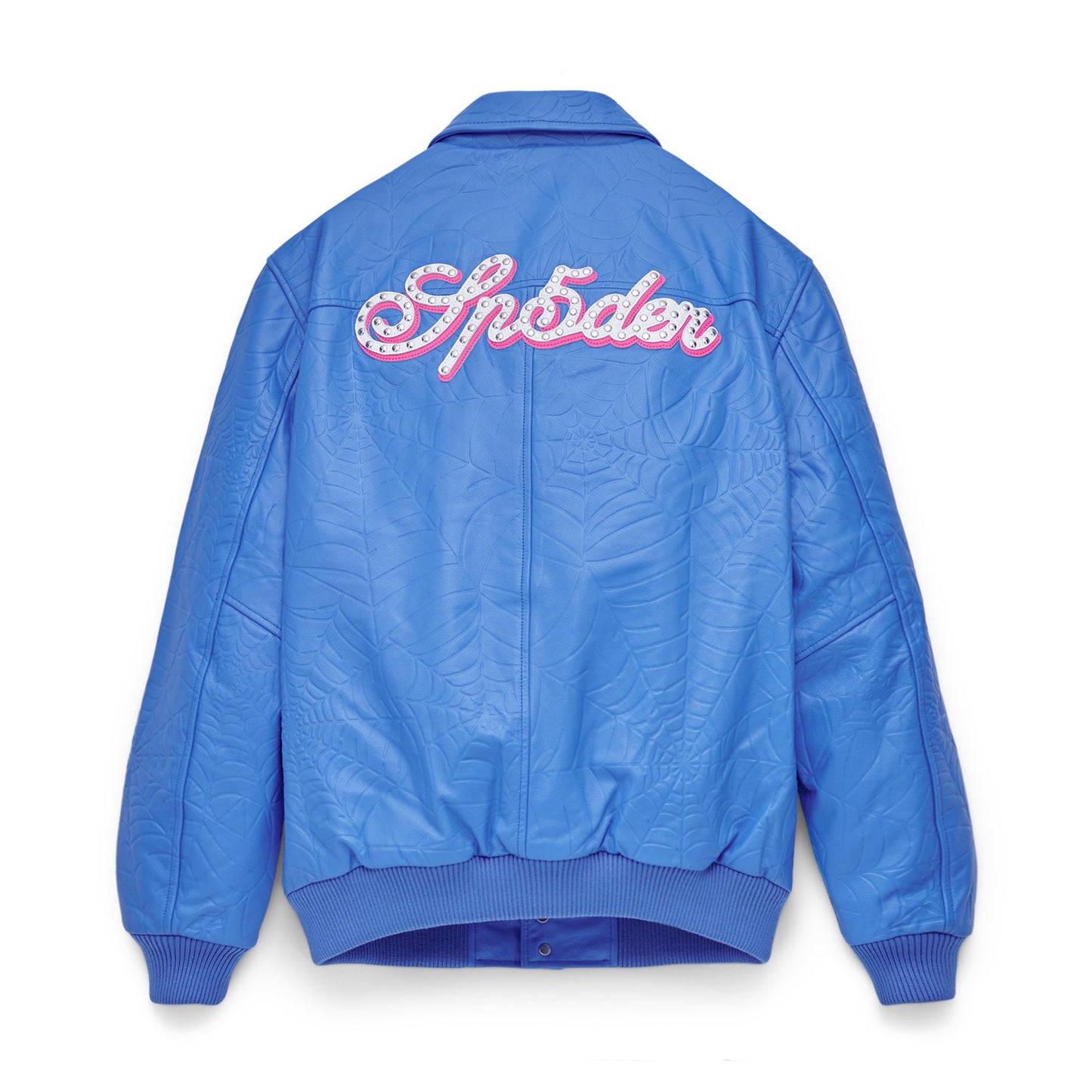 Back view of SP5DER Debossed Web Leather Jacket in Blue