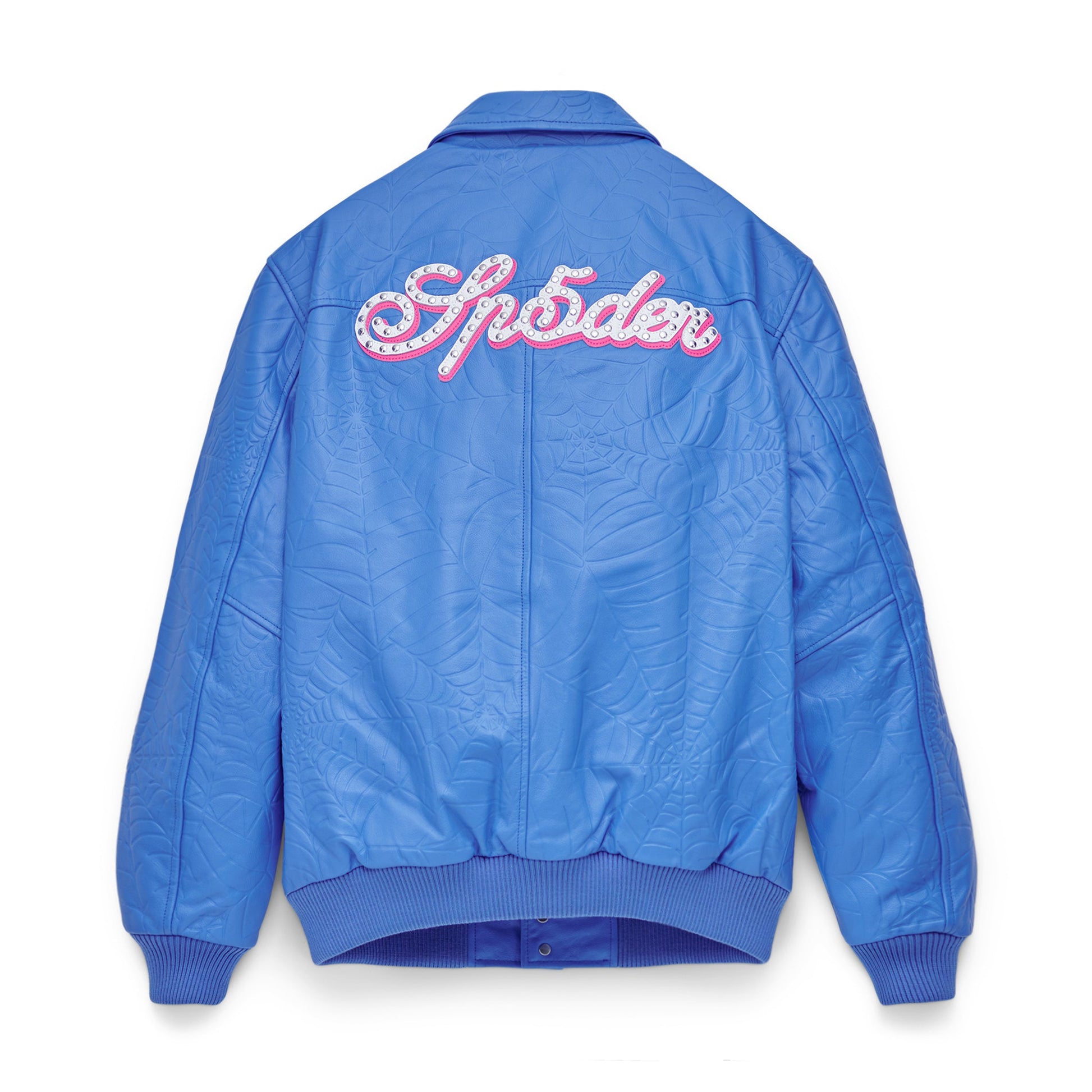 Back view of SP5DER Debossed Web Leather Jacket in Blue