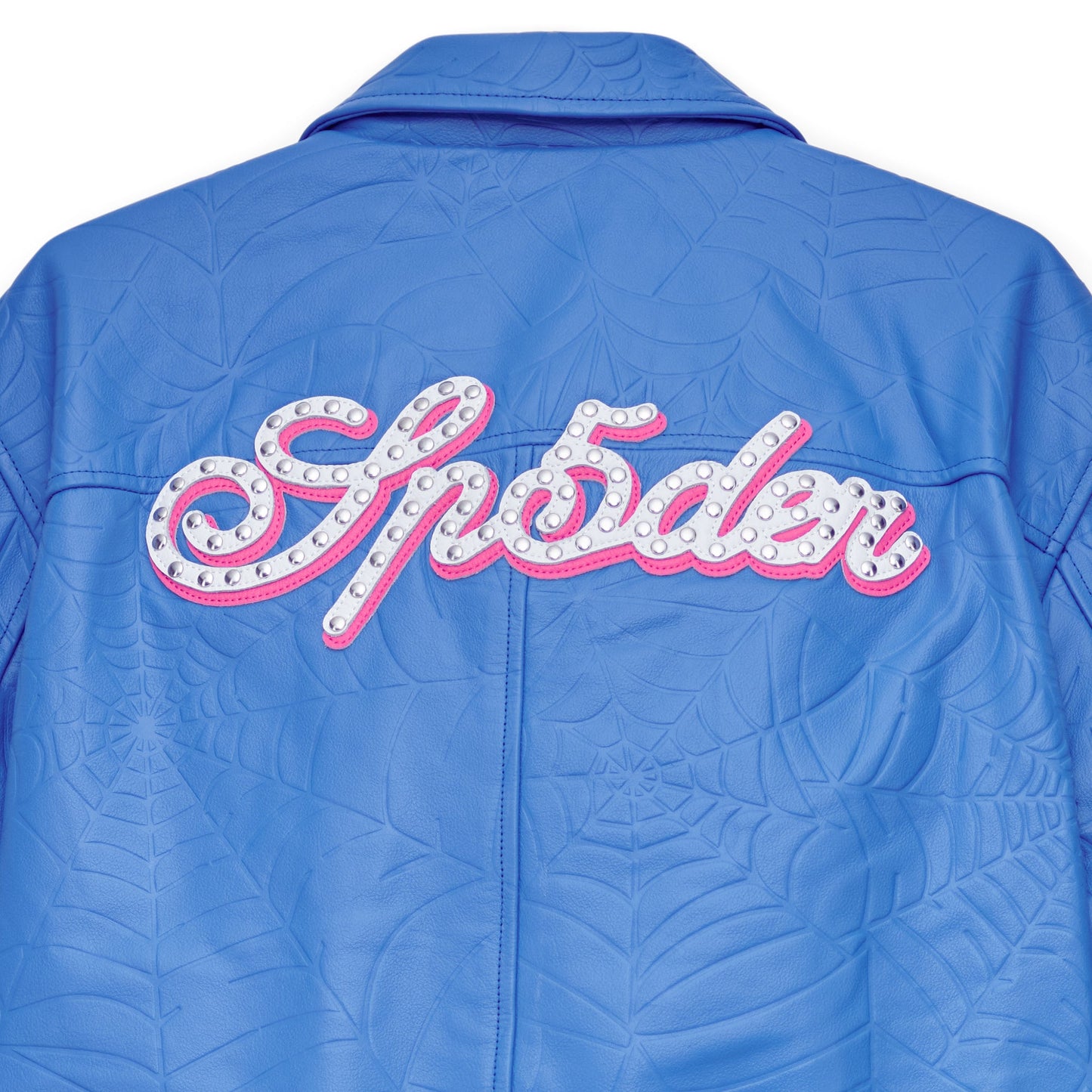 Detail view of studded text on SP5DER Debossed Web Leather Jacket in Blue