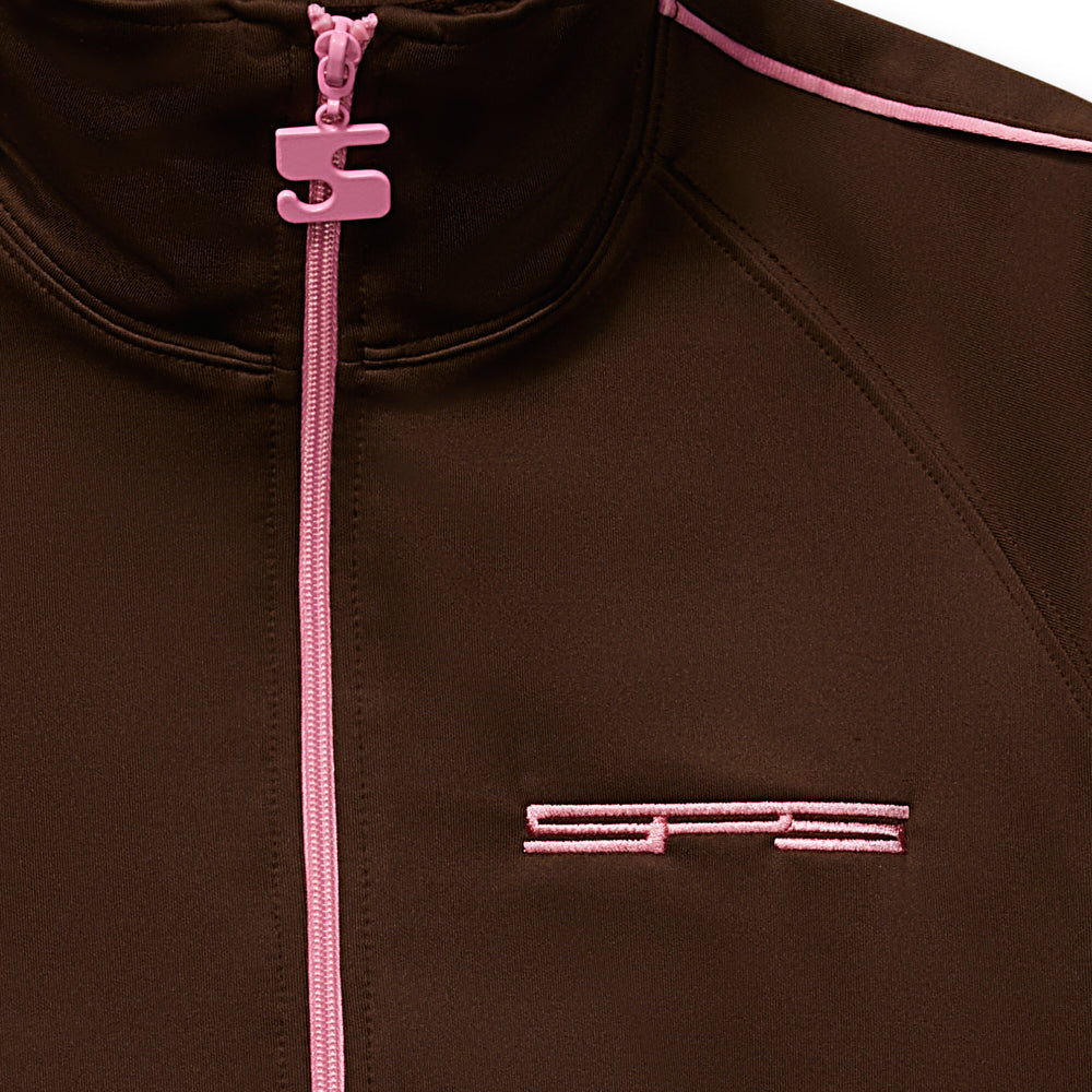Detail view of embroidery on SP5DER G550 Jacket in Brown