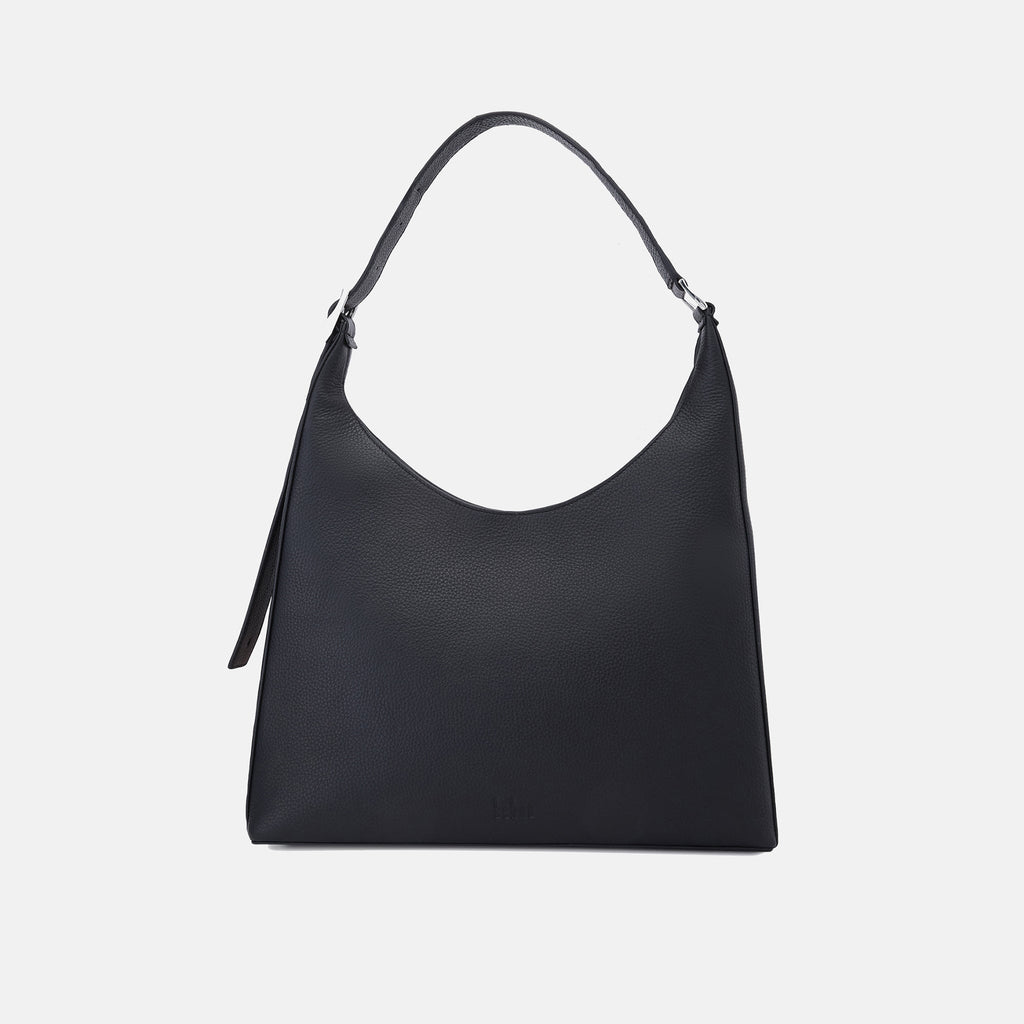 Bag It Danny Flatiron large pebble leather shoulder bag in black, front view